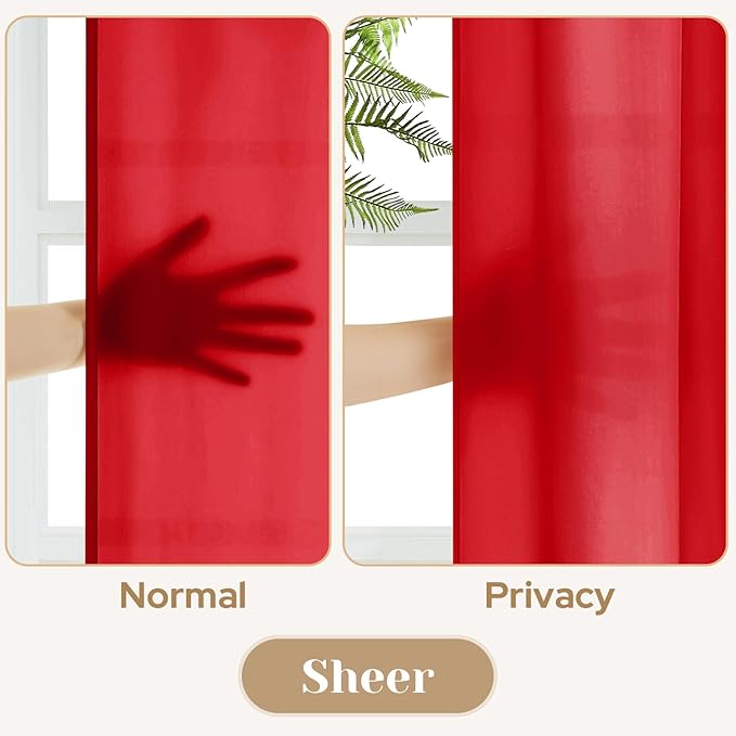 HOMEIDEAS Christmas Non-See-Through Red Privacy Sheer Curtains, 52 X 54 Inches Long 2 Panels Sheer Curtains Light Filtering Window Drapes for Bedroom Living Room