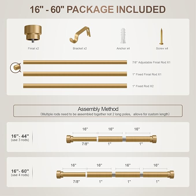 Lootkell Modern Gold Curtain Rods for Windows 28 to 48 Inches Adjustable Length Heavy Duty 1" Diameter Window Curtain Rod with Decorative Finials for Outdoor Bedroom Kitchen Living Room