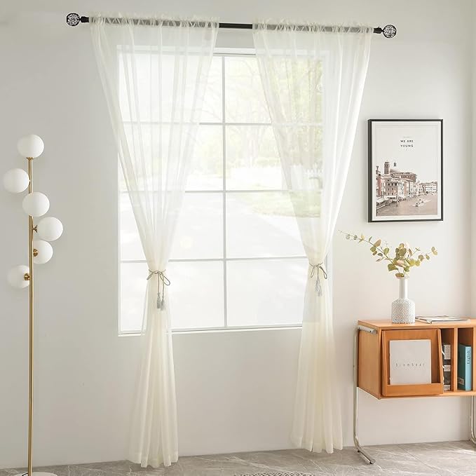 youleyar Solid Sheer Rod Pocket Curtain Voile Draperies 2 Panels Ivory Beige Black Grey Coffee 42 Inch Width 72 Inch Long 1 Pair for Kitchen Bedroom Children Living Room Yard(Ivory,42Wｘ72L)