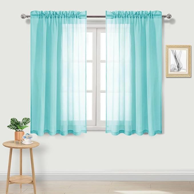 DWCN Aqua Sheer Curtains Semi Transparent Voile Rod Pocket Curtains for Bedroom and Living Room, 52 x 54 inches Long, Set of 2 Panels