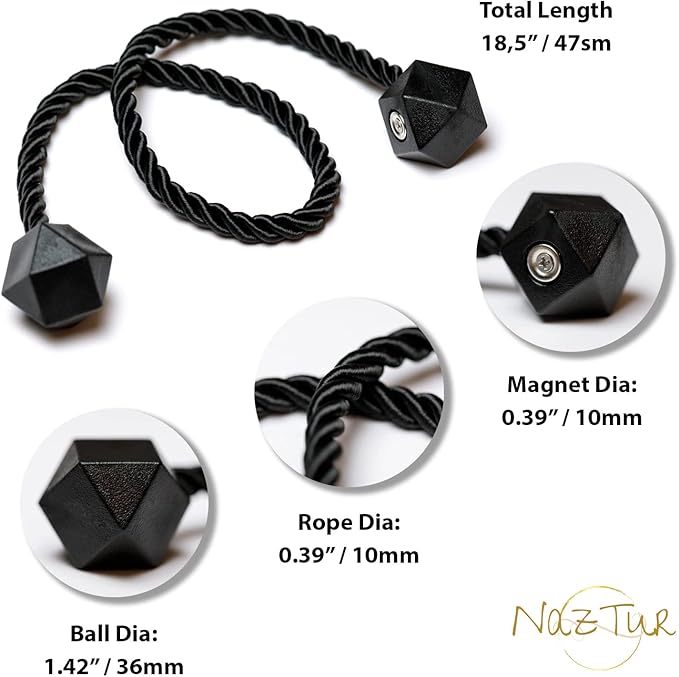 NazTur Magnetic Curtain Tiebacks- Upgrade 2022 with a Thicker Twist Rope & Strong Magnet Tieback Window Treatment Holdbacks Draperies Holders Decorative Drape Handmade Tie Back (Black, 4)