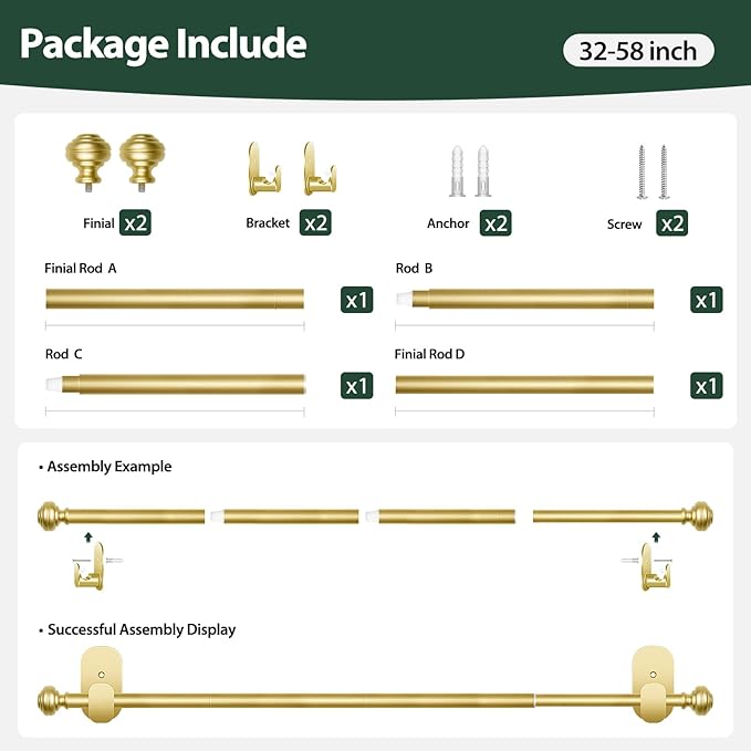KAMANINA Curtain Rods No Drilling for Windows 32 to 58 Inches, 5/8 Inch Diameter Adjustable Single Drapery Pole with Adhesive Brackets, Gold