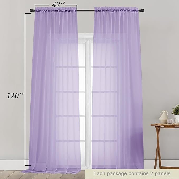 Extra Long Sheer Lavender Curtains for Bedroom Living Room 120 Inches Long 2 Panels Set, Solid Soft Light Filtering Rod Pocket Sheer Window Curtains, Lavender, Each 42" Wx120 L Inch