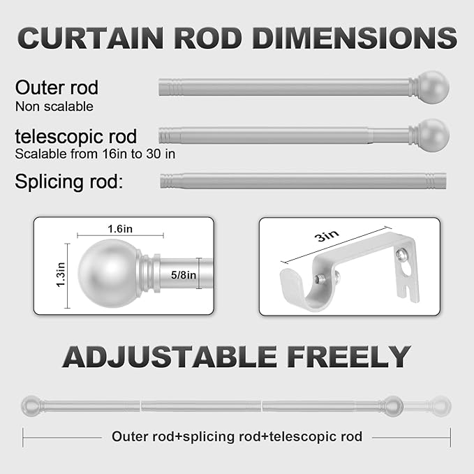 Silver Curtain Rods for Windows with Brackets,5/8 Inch Diameter Small Curtain Rod Adjustable Set 32 to 90 Inches,Easy Install Drapery Rods,Gray
