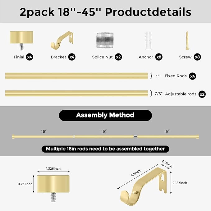 VOIIY 2 Pack Gold Curtain Rods for Windows 18 to 42 Inch(1.5-3.5 Feet),1" Diameter Drapery Rods with Modern Style End Cap Finials,Size:18''-42''