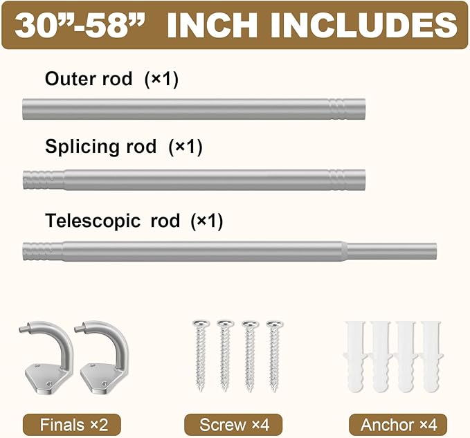 GXOACKJ Silver Curtain Rods for Windows 28 to 60 inch, 5/8 inch Adjustable Wrap Around Blackout Curtain Rods for Bedroom & Outdoor