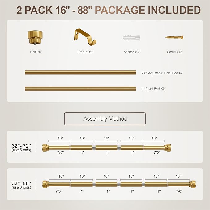 Lootkell 2 Pack Gold Curtain Rods Set for Windows 48 to 84 Heavy Duty 1" Diameter Adjustable Window Single Rods with Solid Metal Finials for Bedroom Living Room Kitchen Farmhouse