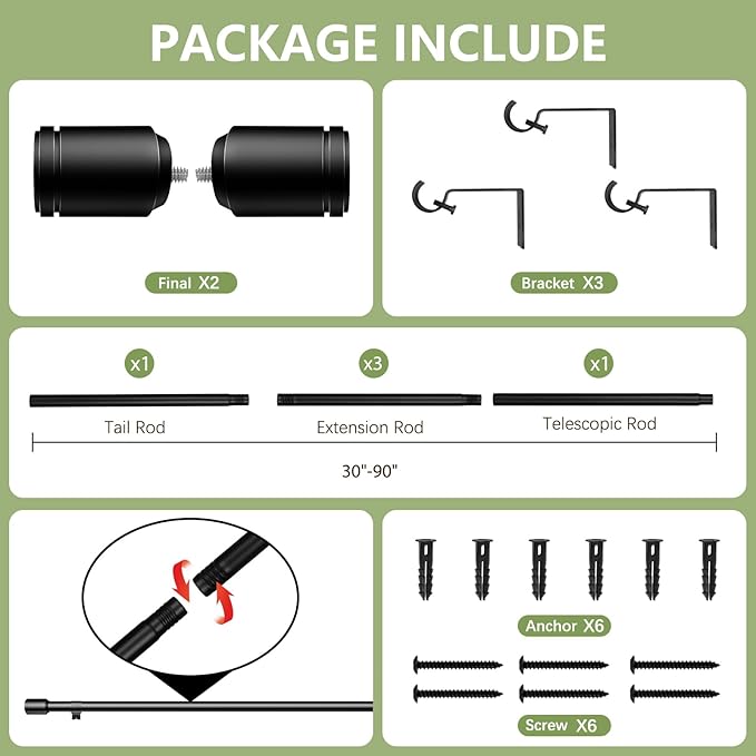5/8” Diameter Curtain Rods 30-90 Inch, for 30-84 Inch Windows, Adjustable Splicing Black Curtain Rods for Windows with Brackets, Window Rod Long Small Curtains Rod