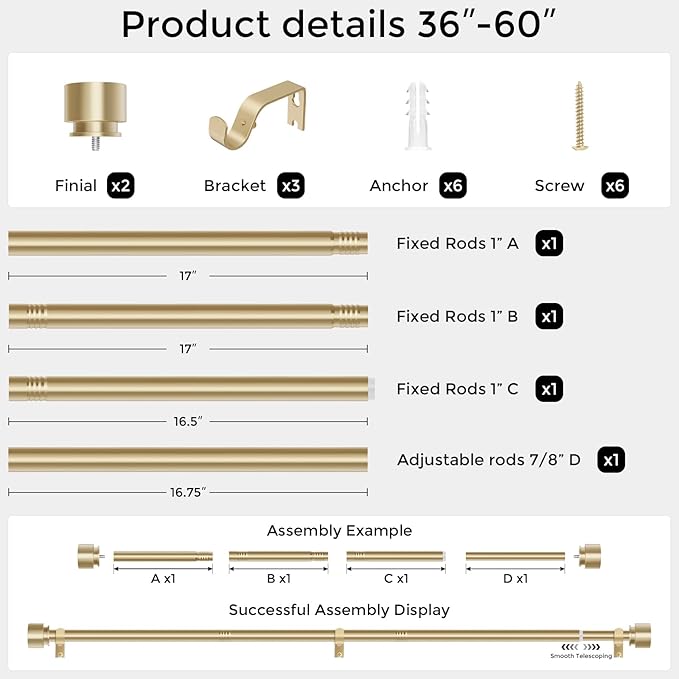 Modern Gold Curtain Rods for Windows 30 to 56 Inch, 1" Diameter Adjustable Heavy Duty Window Curtain Pole with Matte Gold End Cap Finials, Decorative Drapery Rods for Living Room, Bedroom