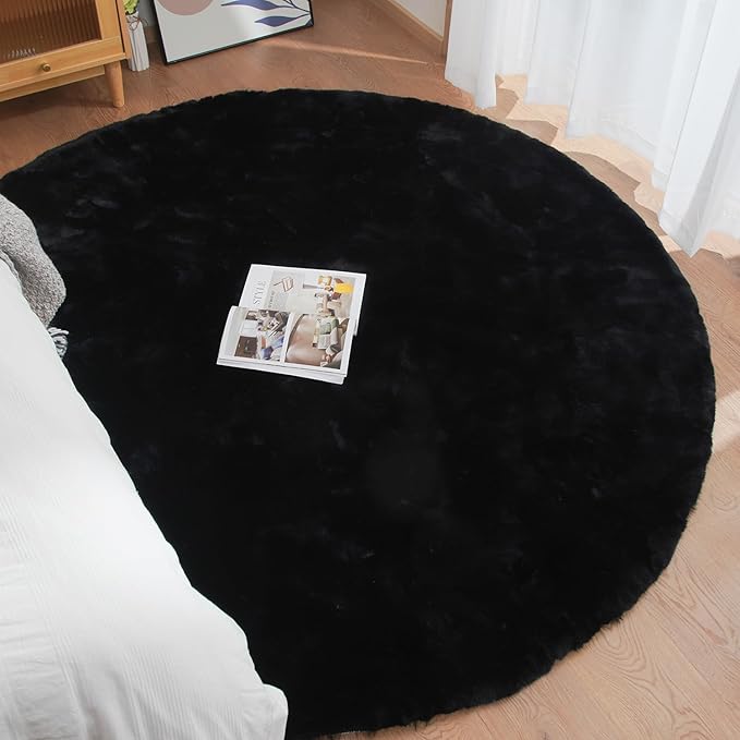 ORINOVA Black Round Rugs 8ft Machine Washable Rabbit Fur Area Rug Large Circle Rugs for Bedroom Faux Sheepskin Rug Cushion Living Room Décor