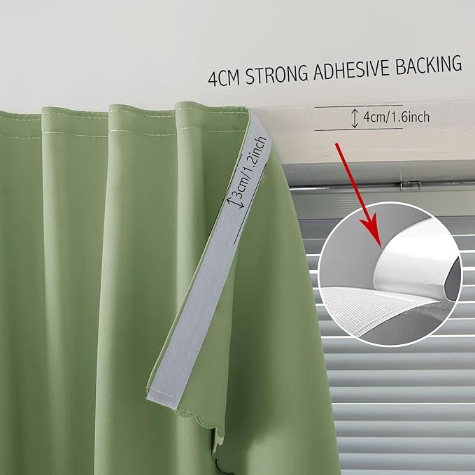 Magic Tape Blackout Curtains for Bedroom No Drillng Self Adhesive Curtains No Rod Small Window, 59" W X 71" L, Sage Green, 1 Panel