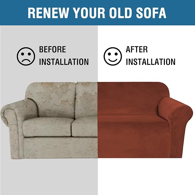 H.VERSAILTEX 1 Peice Stretch Velvet Sofa Covers for 3 Cushion Couch Covers Sofa Slipcovers Furniture Protector Soft, Crafted from Thick Comfy Rich Velour (Sofa 72"-90", Rust)