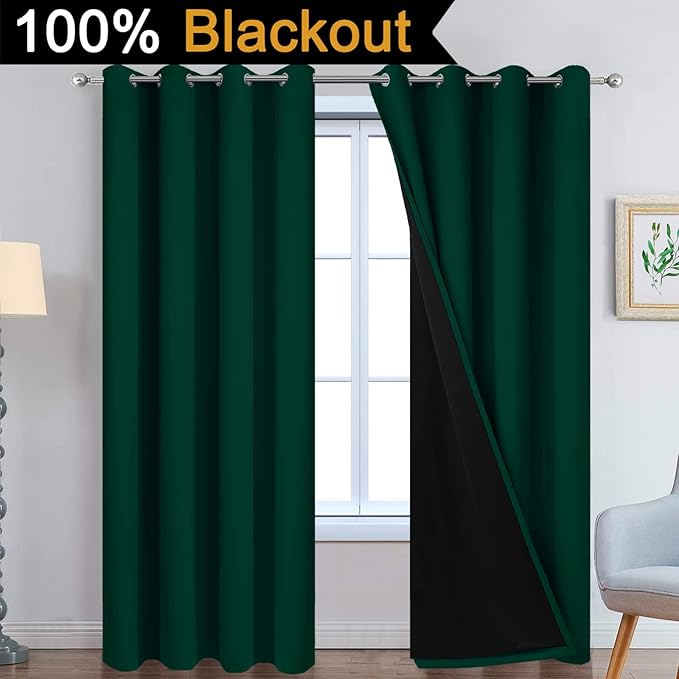 Yakamok 100% Blackout Curtain for Bedroom,Thermal Insulated Drapes with Black Liner Full Room Darkening Energy Efficiency Window Curtains for Living Room(52Wx84L,Dark Green, 2 Panels)