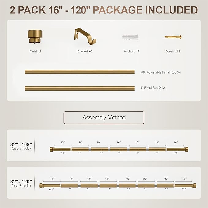 Lootkell 2 Pack Brass Gold Curtain Rods Set for Windows 66 to 120 Heavy Duty 1" Diameter Adjustable Window Single Rods with Solid Metal Finials for Bedroom Living Room Kitchen Farmhouse