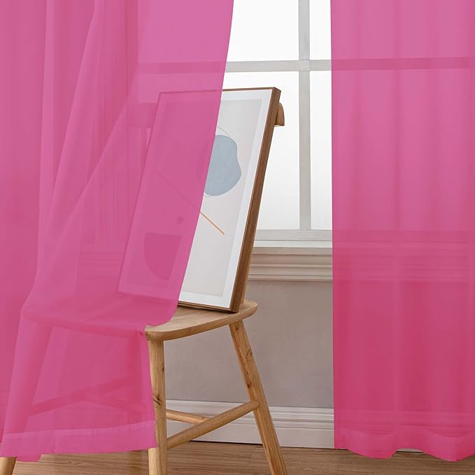 Chyhomenyc Sheer Curtains 63 Inch Length 2 Panels Set, Light Filtering Rod Pocket Window Curtain Treatment Drapes for Bedroom Living Room, Each 42Wx63L, Set of 2, Hot Pink