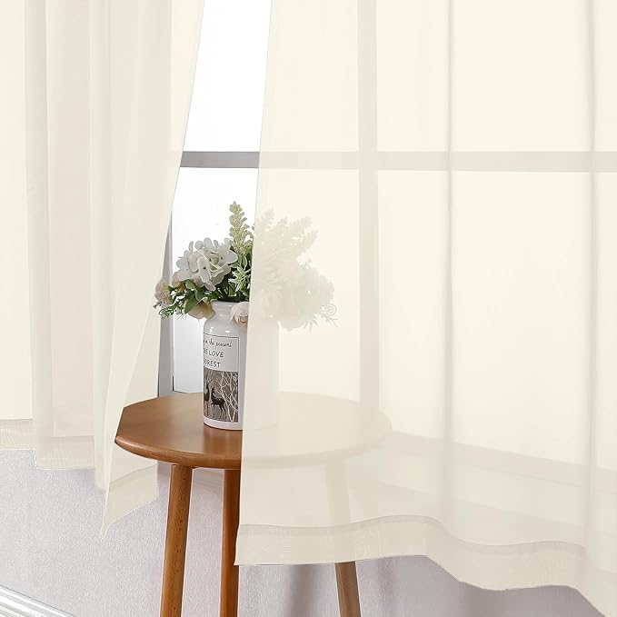 Lecloud Cream Sheer Curtains 50 Inch Length 2 Pcs, Rod Pocket Light Filtering Voile Rustic Farmhouse Bedroom Curtains, Airy Solid Window Drapes for Bathroom Basement, Each Panel 42" W x 50" L