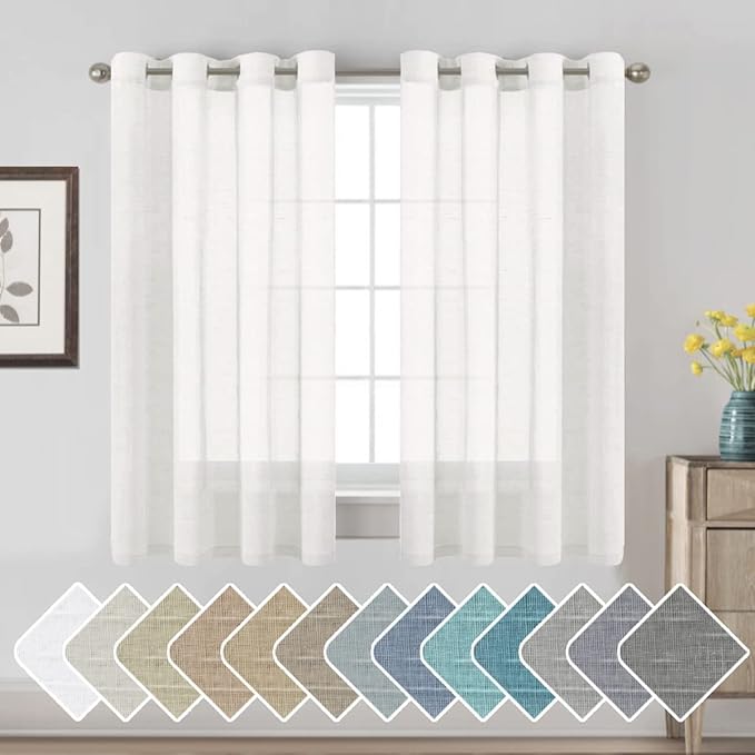 H.VERSAILTEX White Linen Curtains Flax Linen Blended Curtain Panels for Living Room/Bedroom Semi Sheer Privacy Curtains 63 inch Length 2 Panels Set Nickel Grommet Window Drapes, White