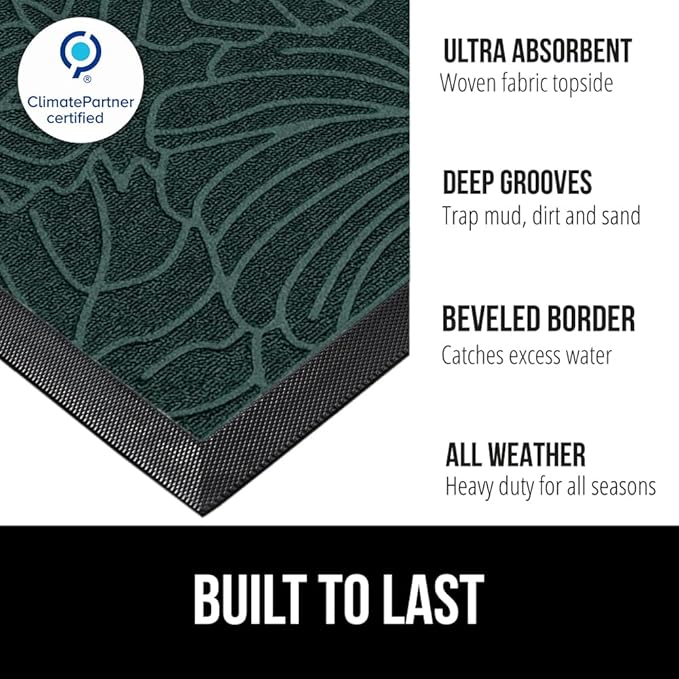 GORILLA GRIP 100% Waterproof All-Season WeatherMAX Doormat, 34x58, US Designed Natural Rubber, Stain and Fade Resistant, Low Profile Indoor Outdoor Door Mats, Easy Clean Patio Mat, Green Palm