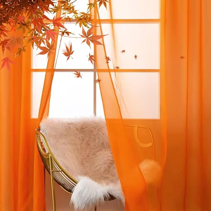 SpaceDresser Basic Rod Pocket Sheer Voile Window Curtain Panels White 1 Pair 2 Panels 60 Width 63 Inch Long for Kitchen Bedroom Children Living Room Yard(Orange,60 W x 63 L)
