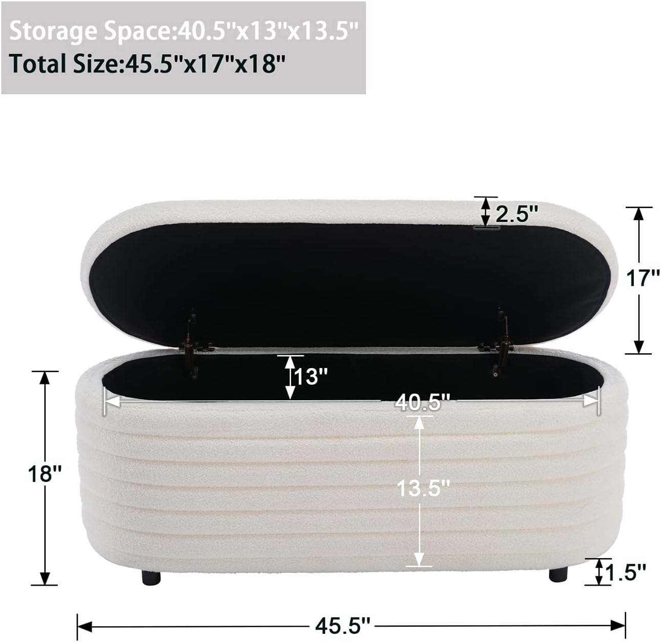 Kmax 45" Storage Bench Faux Fur Entryway Bench Upholstered Ottoman Bench for Bedroom Living Room Hallway, White