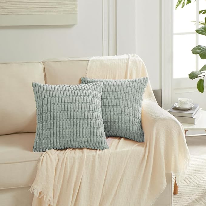 Fancy Homi 4 Packs Grey Blue Decorative Throw Pillow Covers 22x22 Inch for Living Room Couch Bed Sofa, Rustic Farmhouse Boho Home Decor, Soft Striped Corduroy Square Cushion Case 55x55 cm