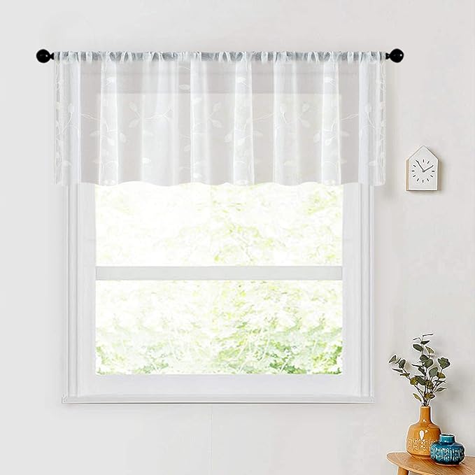 MRTREES Sheer Valance Curtain, Christmas Sheer Curtains Valances Rod Pocket, Voile Leaves Embroidered Curtain Panels for Bedroom Living Room Window Treatment(1 Panel, 54x16 Inches, White Leaves)