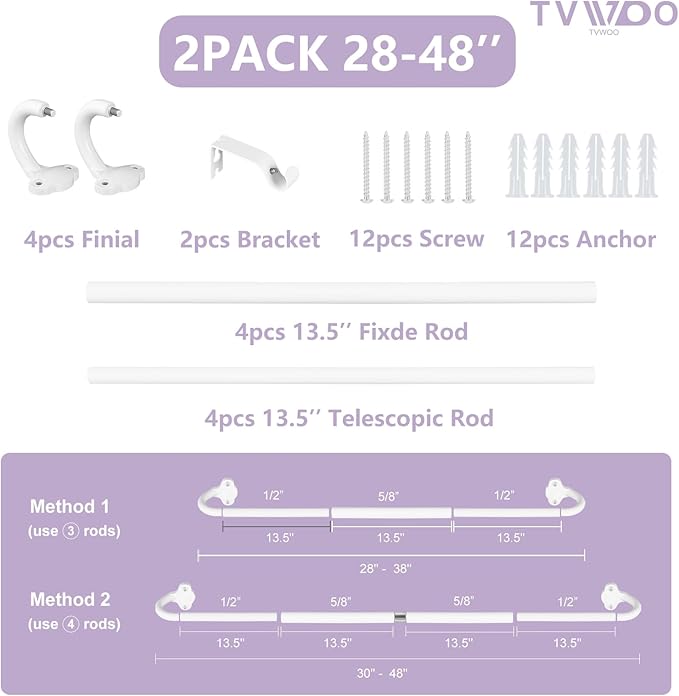 TVWOO 2 Pack Wrap Around Curtain Rods,White Curtain Rods 28 to 48 Inch,5/8 Inch Adjustable Blackout Curtain Rod Set with Bracket,Room Darkening Window Rod,Metal Hidden Curved Drapery Rods 28-48",White