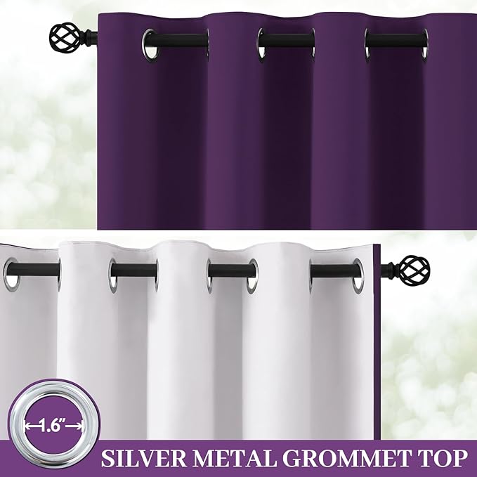 Yakamok 100% Blackout Curtain Panels 84 inches Cold and Light Blocking Drapes for Nursery, 2 Thick Layers Thermal Insulated Draperies (2 Pieces, 50 Wide Each Panel, Purple/White Backing)