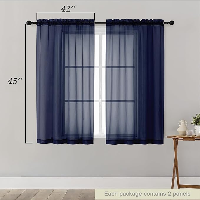 Navy Blue Sheer Curtains for Bedroom Living Room 45 Inch Length 2 Panels, Soft Airy Light Filtering Small Kitchen Window Curtains, Rod Pocket Short Curtain Drapes, Navy Blue, 42"Wx45"L Inch