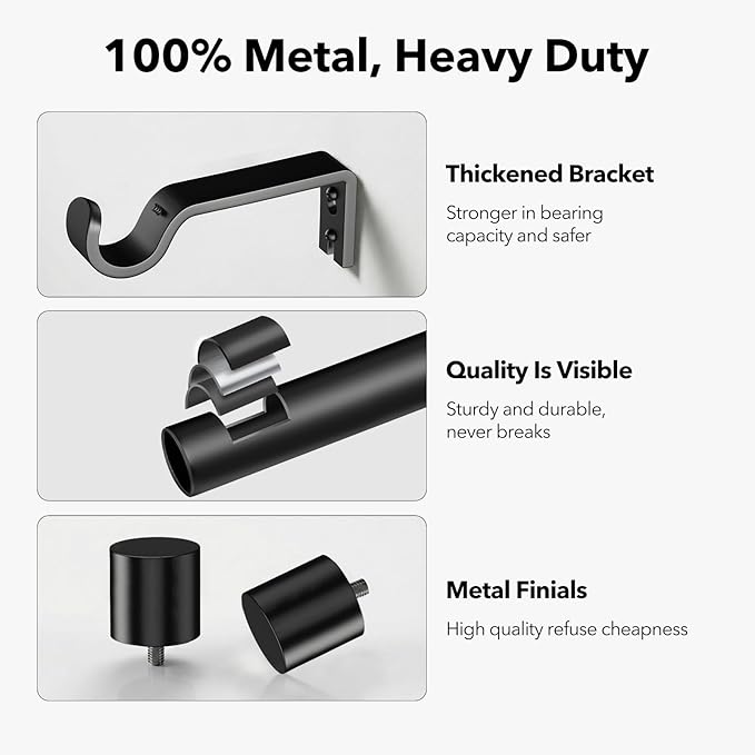IFELS Heavy Duty Curtain Rods for Windows 48 to 84 Inch, 1 Inch Black Curtain Rods for Outdoor, Farmhouse, Bedroom, Kitchen, Living Room, Adjustable Easy Install Drapery Rod (A2,Black,30"-90")