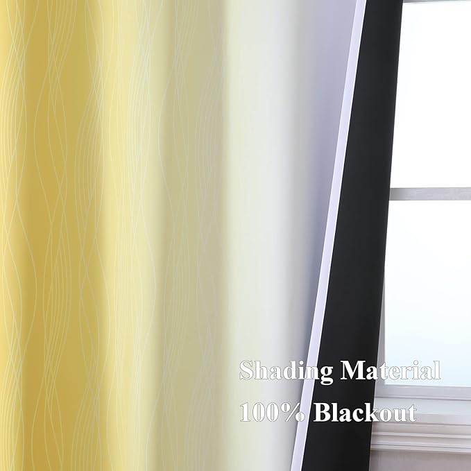 Estelar Textiler Yellow and Greyish White Gradient Room Darkening Blackout for Living Room, Thermal Insulated Ombre Light Blocking Grommet Blackout Drapes for Bedroom, 42Wx84L, 2 Panels