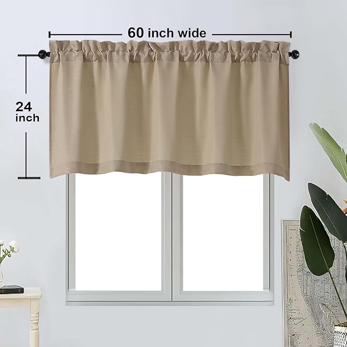 OWENIE Bob 1 PCS Camel Valances for Windows, Faux Linen Textured Kitchen Window Curtains Valance for Bedroom Living Room, Modern Soft Airy Solid Rod Pocket Bathroom Cafe Curtain, 60Wx24L Inch