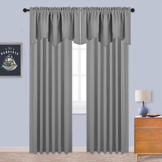 NICETOWN Room Darkening Window Valance - Solid Thermal Insulated 42 inches by 18 inches Scalloped Pole Pocket Curtain/Drape Panels for Basement/Cafe Store, Silver Grey, Package of 2 Panels