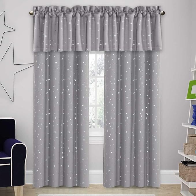 H.VERSAILTEX Blackout Curtain Valances for Kitchen Window/Living Room/Bathroom Privacy Added Rod Pocket Home Decoration Winow Valance, 52" W x 18" L, Glitter Stars in Gray Base (Pack of 4)