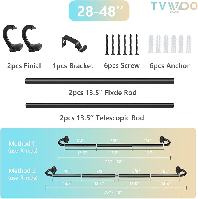 TVWOO Wrap Around Curtain Rods,Black Curtain Rods 28 to 48 Inch,5/8 Inch Adjustable Blackout Curtain Rod Set,Room Darkening Single Window Rod,Metal Thicken Hidden Curved Drapery Rod 28-48",Matte Black