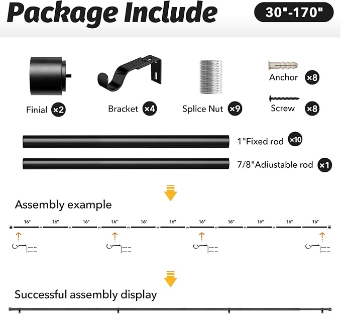 GEEBOBO Black Curtain Rods for Windows 120 to 170 Inch, 1 Inch Extra Long Heavy Duty Easy Install Adjustable Curtain Rods Set for Outdoor, Farmhouse, Bedroom, Living Room (Black, 30"-170")