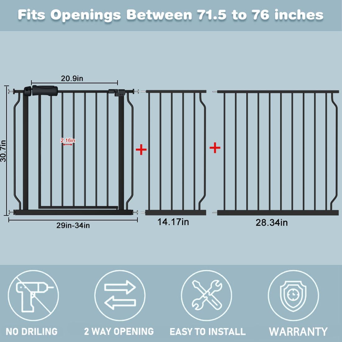 Extra Wide Baby Gate 71.6-76.37 Inch Black, Walk Through Pressure Mounted No Drill Long Large Tension Metal Gate for Dog and Toddler