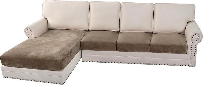H.VERSAILTEX Velvet Stretch Sectional Couch Covers 4 Pieces Sofa Seat Cushion Covers L Shape Separate Couch Cover for Both Left/Right Sectional Couch (Large Sofa 3 Seater + 1 Chaise, Mocha)