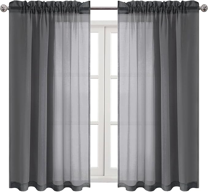 DWCN Dark Gray Sheer Curtains Semi Transparent Voile Rod Pocket Curtains for Bedroom and Living Room, 52 x 45 inches Long, Set of 2 Panels