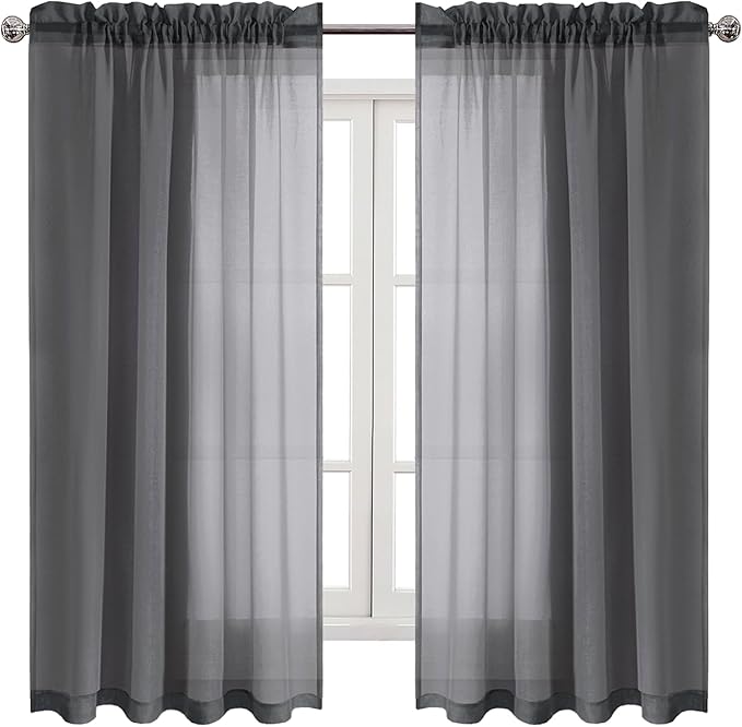 DWCN Dark Gray Sheer Curtains Semi Transparent Voile Rod Pocket Curtains for Bedroom and Living Room, 52 x 72 inches Long, Set of 2 Panels