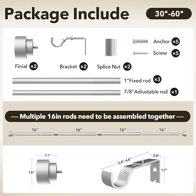 IFELS Heavy Duty Curtain Rods for Windows 28 to 48 Inch, 1 Inch Silver Window Curtain Rod for Bedroom, Living Room, Outdoor, Adjustable Easy Install Curtain Rods, Modern Elegant(A1,Silver,30-60")