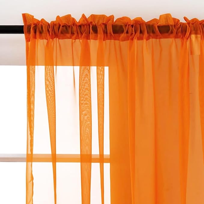SpaceDresser Orange Sheer Curtains 4 Panels Rod Pocket Semi-Sheer Curtain 63 Inches Long Light Filtering Voile Window Drapes for Bedroom Living Room Kitchen, Each 52W x 63L