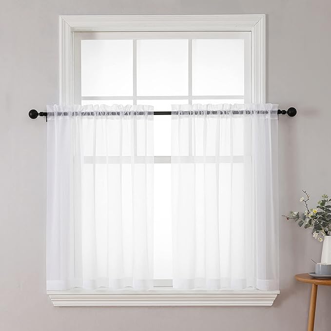 Chyhomenyc White Sheer Curtains 36 inch Length 2 Panels Set, Light Filtering Voile Rod Pocket Short Window Curtians for Bathroom Living Room Farmhouse Small Windows, Each 42Wx36L in, 2PCS, White