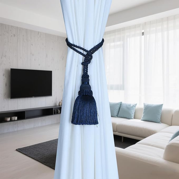 Fenghuangwu 2 Pack Curtain Tie Backs Rope Tassels for Curtains Drape tiebacks Handmade Outdoor Home and Outdoor Decorative (Navy, 2p)