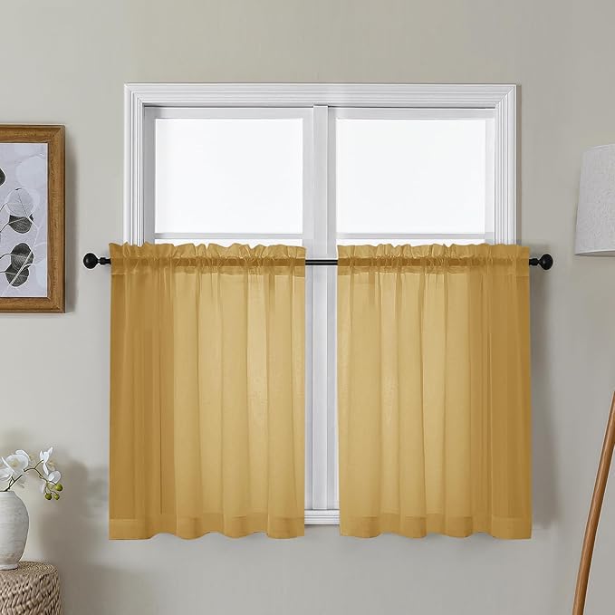 Gwine Gold Sheer Curtains 30 Inch Length, Short Light Filtering Voile Small Cafe Kitchen Curtains with Rod Pocket, Short Curtain for Bathroom Window, 42x30 Inch, 2PCS