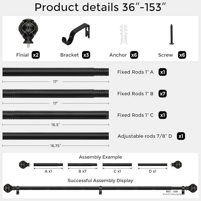 Long Black Curtain Rod, Heavy Duty 1 Inch Decorative Curtain Rods for Windows 72 to 144 Inch, Single-Side Adjustable Vintage Rustic Matte Black Drapery Pole with Boho Netted Texture Finials