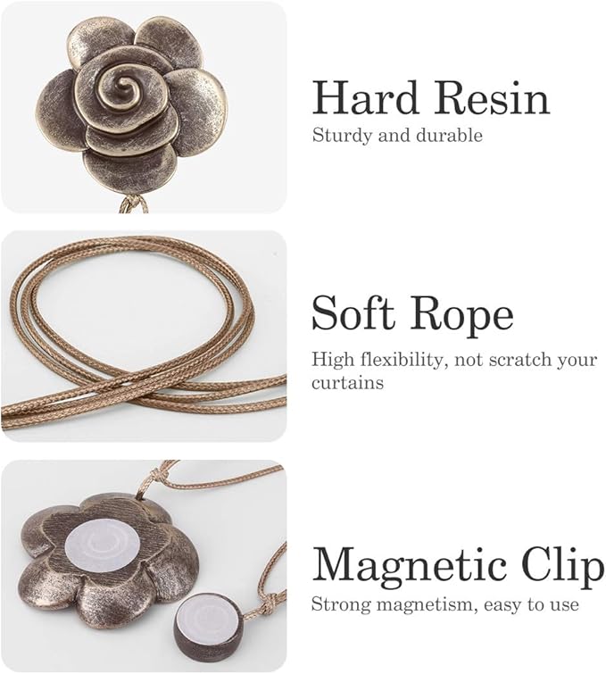 Lewondr Magnetic Curtain Tiebacks, Vintage Curtain Holdbacks, Resin Flower Curtain Ties with Rope Drapery Retro Window Curtain Decorative Buckle Holder for Outdoor, Home, and Cafe Balcony - Bronze