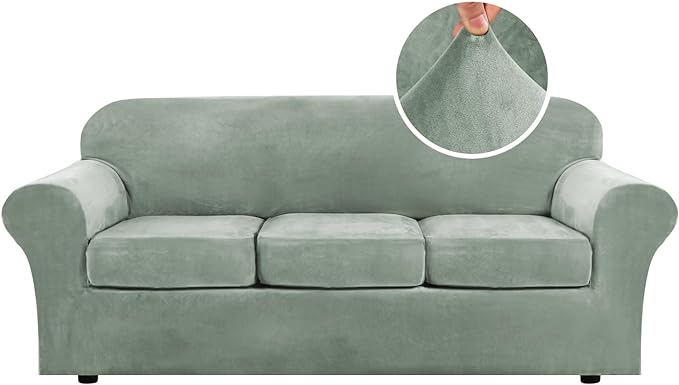 H.VERSAILTEX Modern Velvet Plush 4 Piece High Stretch Sofa Slipcover Sofa Cover Furniture Protector Form Fit Luxury Thick Velvet Sofa Cover for 3 Cushion Couch Width Up to 90 Inch (Sofa, Sea Grass)