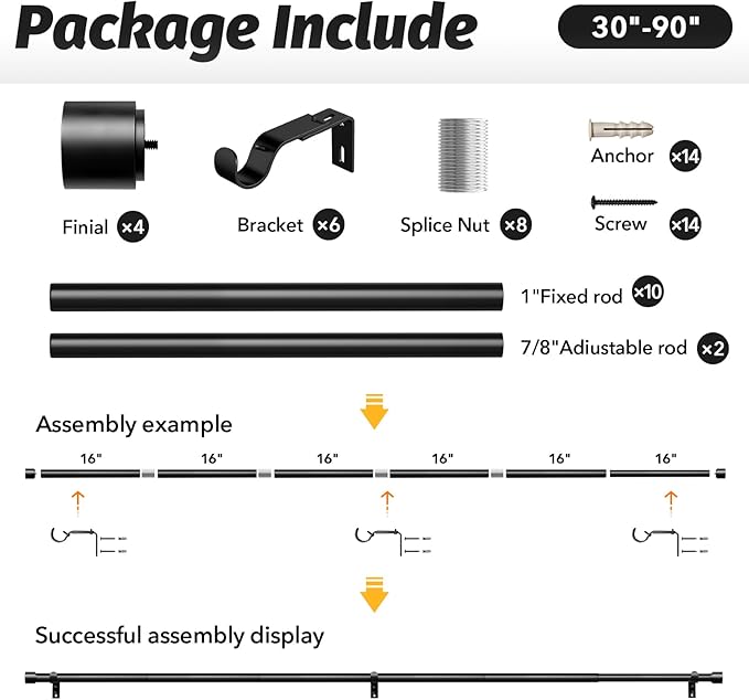 GEEBOBO 2 Pack Black Curtain Rods for Windows 48 to 84 Inch, 1 Inch Adjustable Heavy Duty Easy Install Curtain Rods Set for Outdoor, Patio, Farmhouse, Bedroom, Living Room (Black,30"-90",2 Pack)
