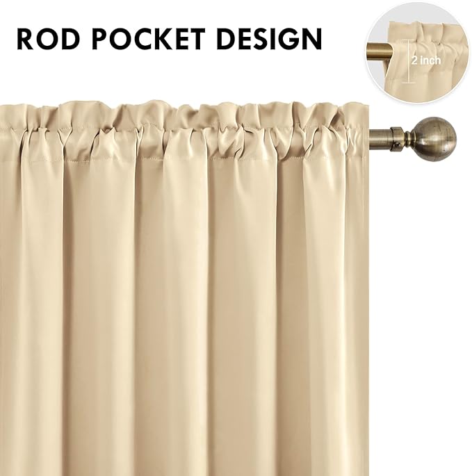 DWCN Blackout Curtains for Living Room Thermal Insulated, Energy Saving & Noise Reducing Bedroom Curtains, Beige, W 70x L 84 Inch, Set of 2 Rod Pocket Curtain Panels